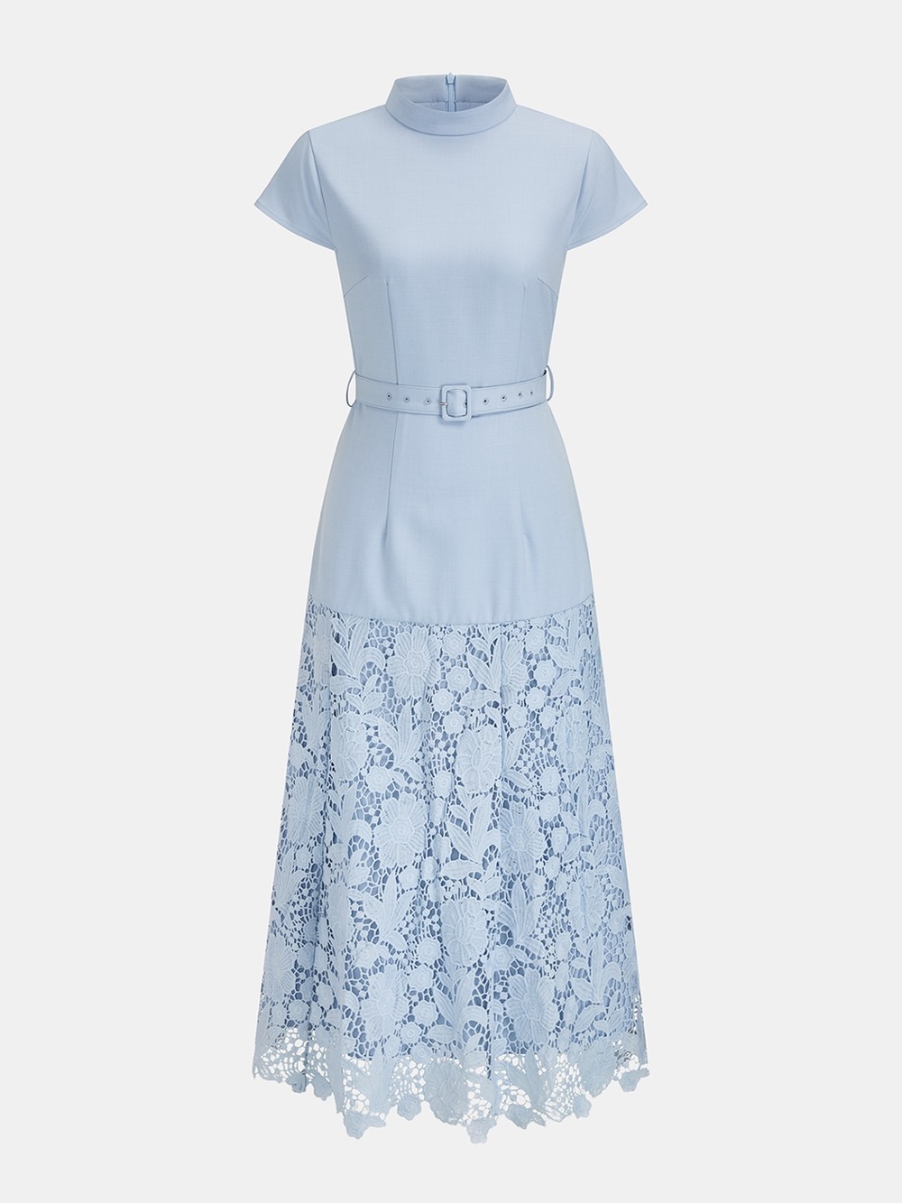 Commense Belted Short Sleeve Lace Hem Midi Dress - Picture 2 of 14